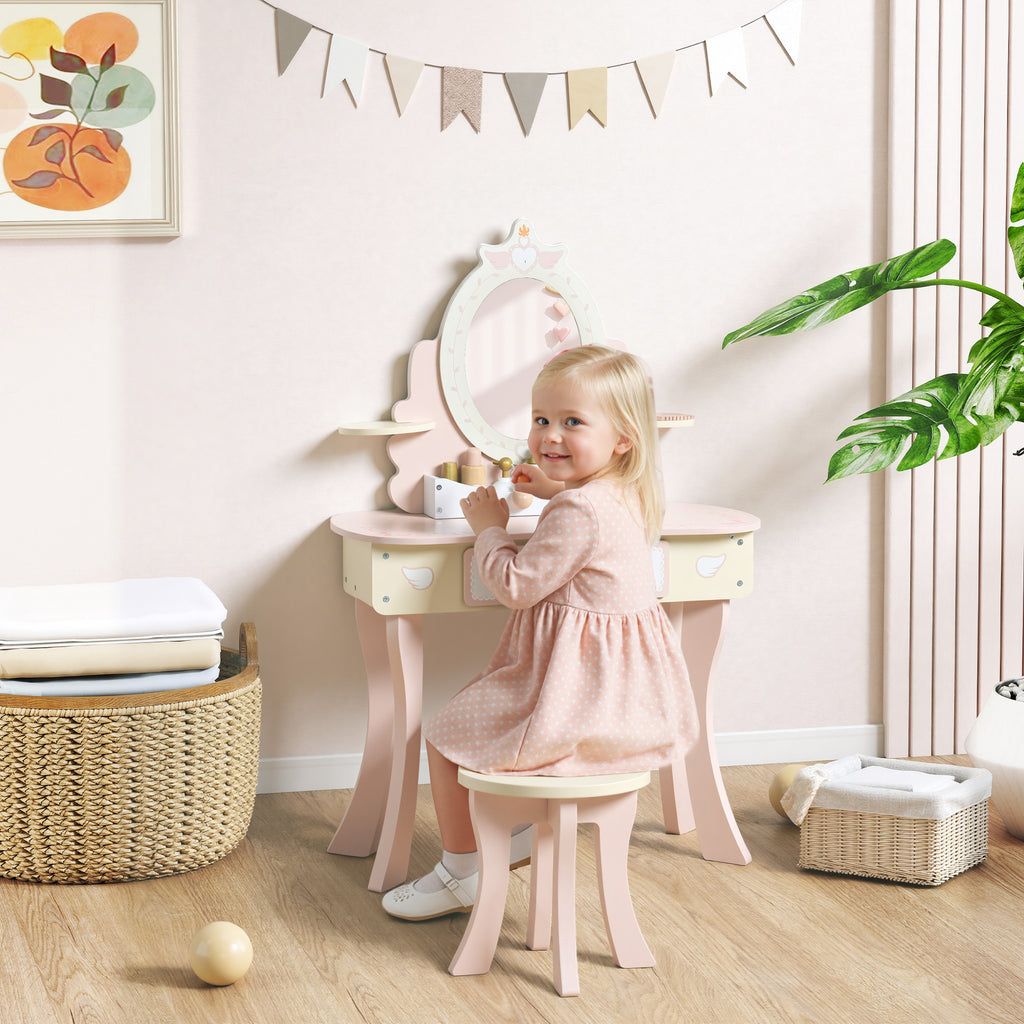 Coiffeuse enfant fille table de maquillage 2 en 1 avec 7 accessoires de jeu miroir en acrylique 59,8x29,6x89,8cm rose-1