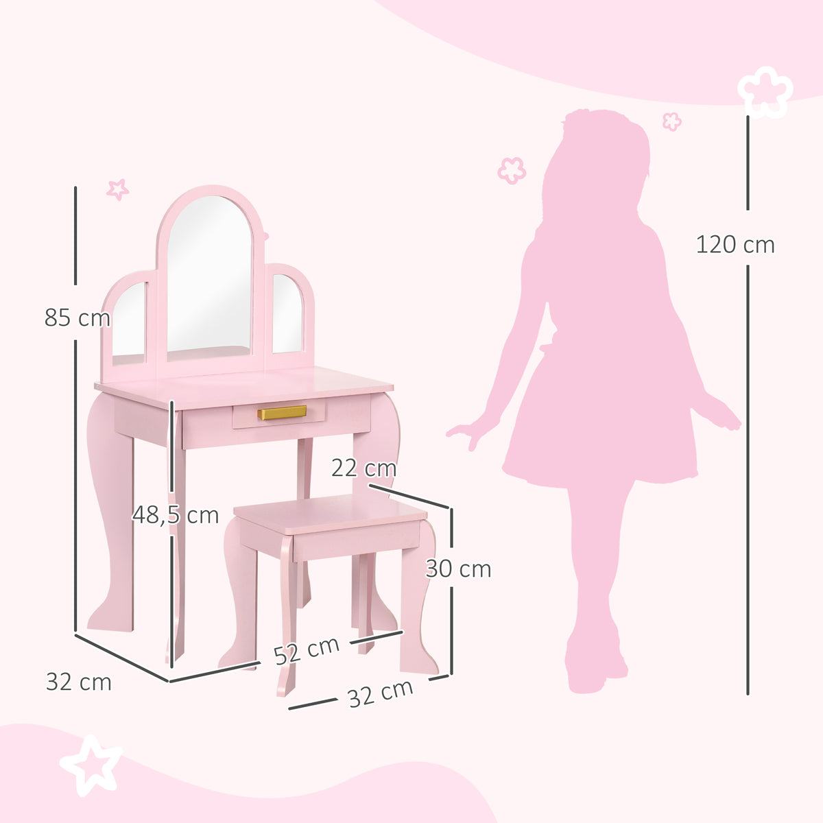 Coiffeuse pour enfant avec tabouret 3 miroirs et tiroir 3 à 6 ans 52 x 32 x 85 cm rose-2