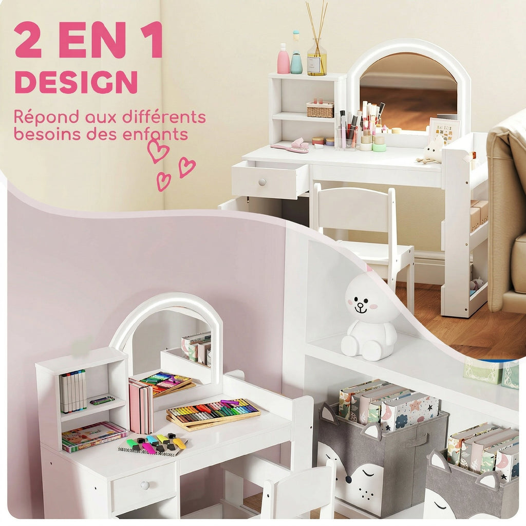 Coiffeuse pour enfants avec tabouret et miroir LED, table de maquillage pour 3 à 8 ans, 88,6 x 38,8 x 96,9 cm, blanc-3
