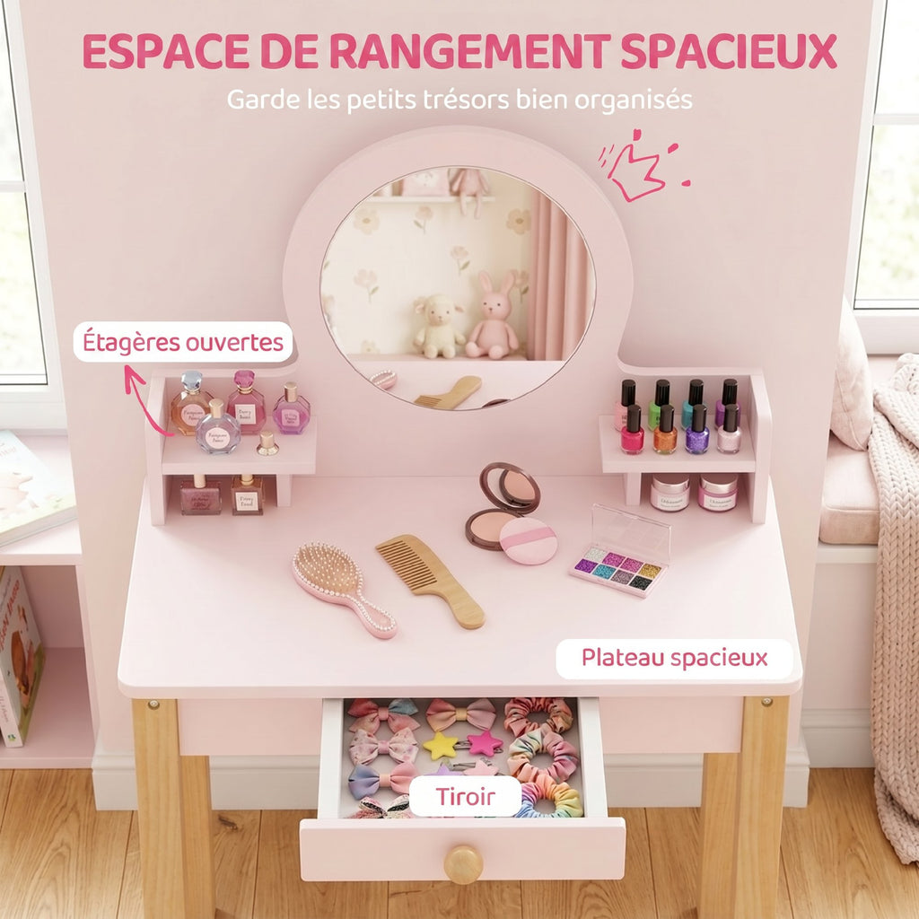 Coiffeuse enfant en bois avec miroir et tabouret, table de maquillage enfant avec tiroir et étagère, 3 à 6 ans, rose-4