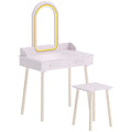 Coiffeuse Enfant en Bois avec Miroir LED 3 Couleurs, Tabouret, Tiroir et Plateau Spacieux, 60x36x100cm, 3 à 8 Ans, Rose-0