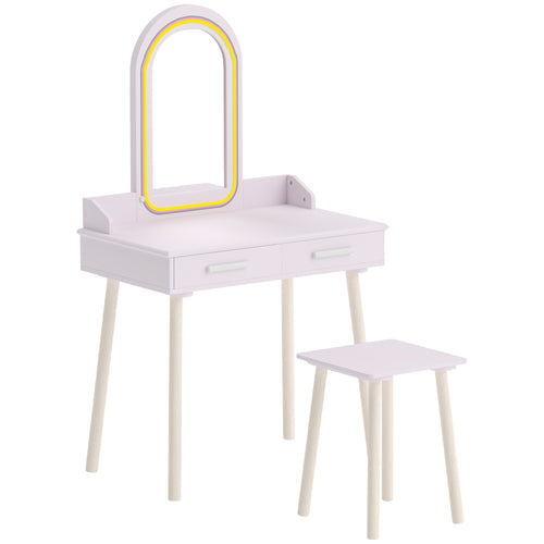 Coiffeuse Enfant en Bois avec Miroir LED 3 Couleurs, Tabouret, Tiroir et Plateau Spacieux, 60x36x100cm, 3 à 8 Ans, Rose-0