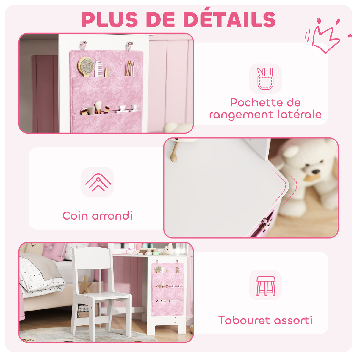 Coiffeuse enfant 2 en 1 avec tabouret miroir triptyque et lumières LED bicolores  93,6 x 48,5 x 111,5 cm blanc-6