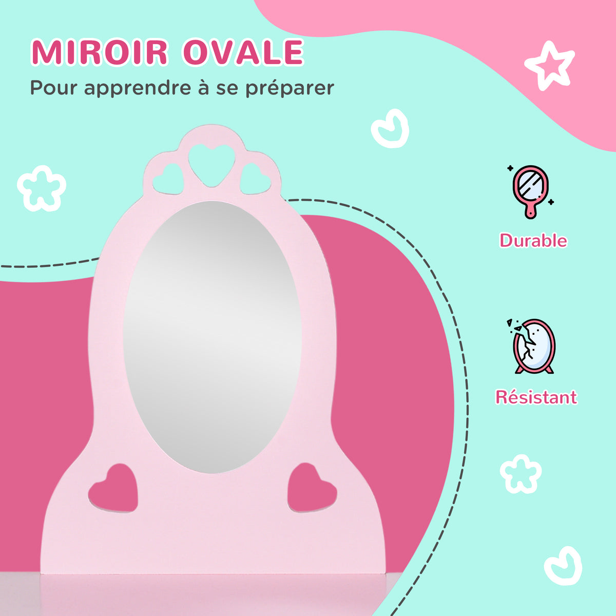 Coiffeuse Enfant Design Girly avec Motifs à Coeur - Tabouret Inclus - dim. 60L x 36l x 88H cm - tiroir, Miroir - MDF - Rose-5