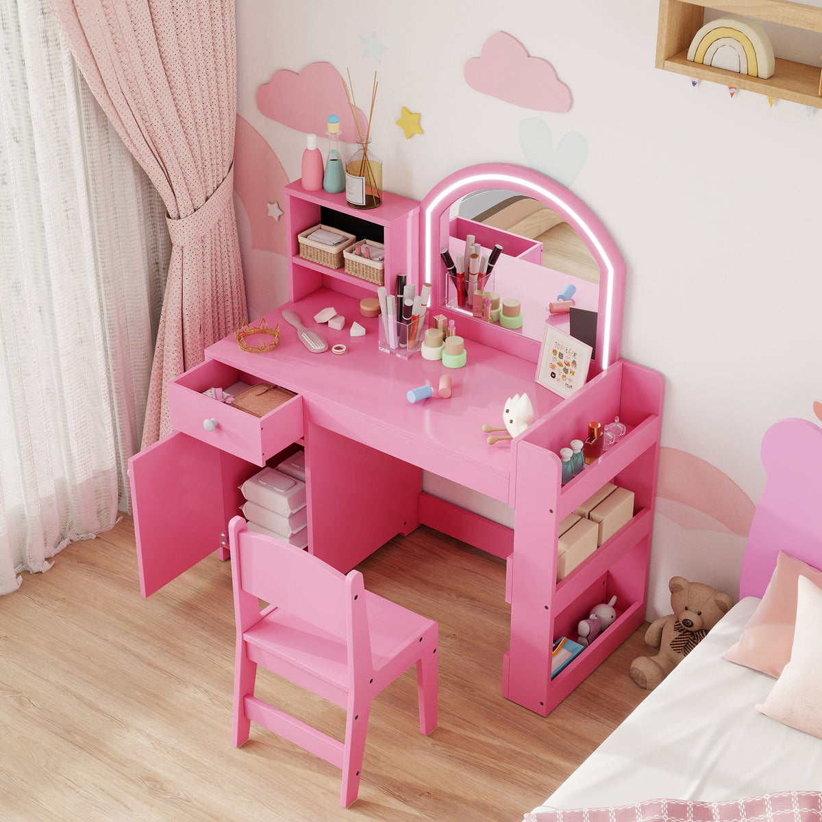 Coiffeuse pour enfants avec tabouret et miroir LED, table de maquillage pour 3 à 8 ans, 88,6 x 38,8 x 96,9 cm, rose-8