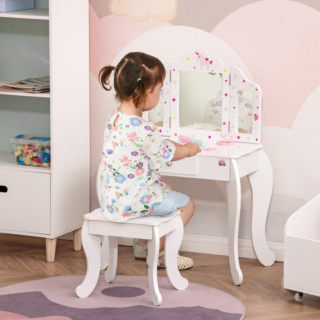 Coiffeuse Enfant avec Tabouret, Miroir triptyque et tiroir Coulissant - Coiffeuse dim. 63L x 40l x 85,5H cm-1