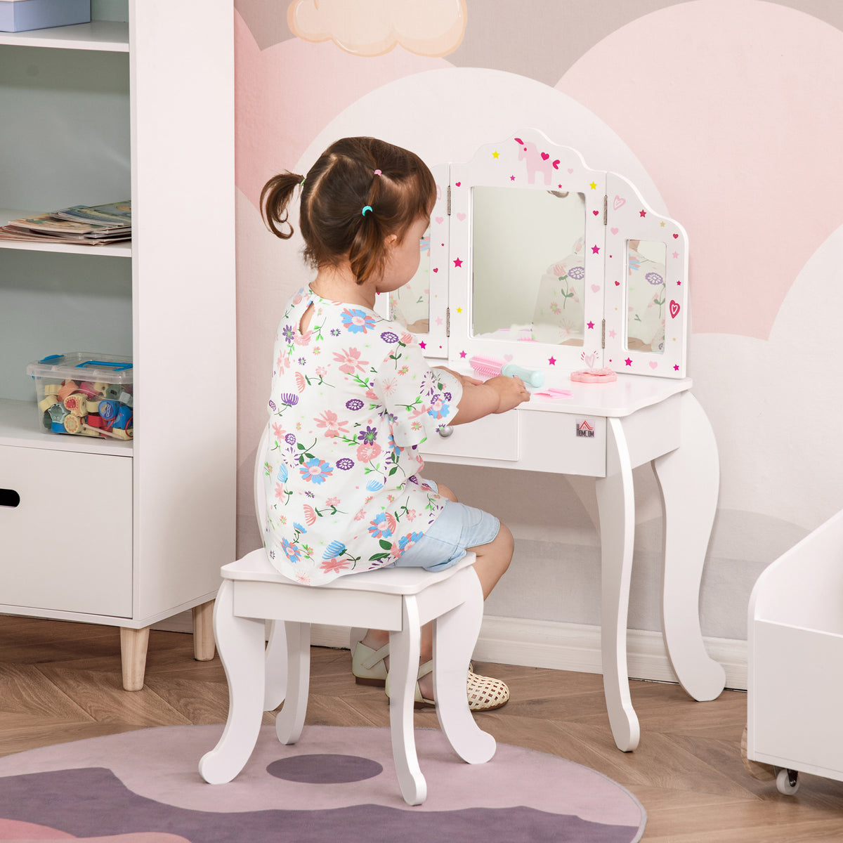 Coiffeuse Enfant avec Tabouret, Miroir triptyque et tiroir Coulissant - Coiffeuse dim. 63L x 40l x 85,5H cm-1
