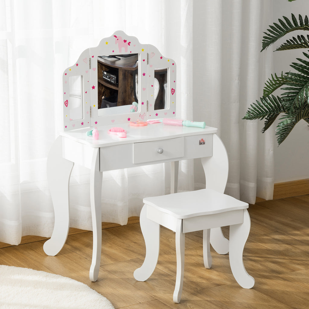 Coiffeuse Enfant avec Tabouret, Miroir triptyque et tiroir Coulissant - Coiffeuse dim. 63L x 40l x 85,5H cm-9