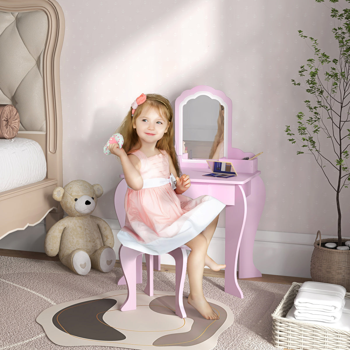 Coiffeuse pour enfant avec tabouret et miroir, table de maquillage avec tiroir et 2 compartiments, 55x36x86cm, rose-1