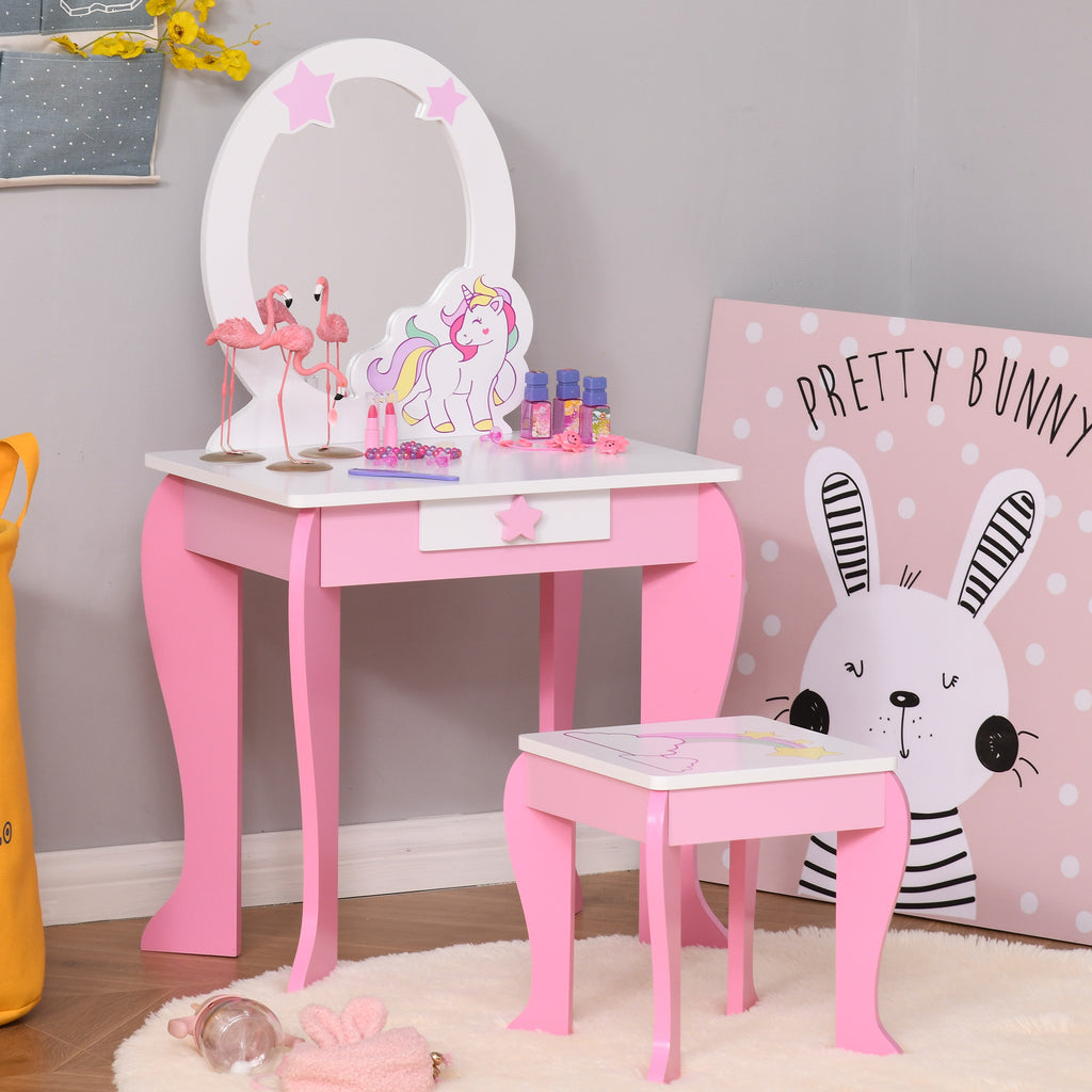 Coiffeuse Enfant Design Licorne - Tabouret Inclus - dim. 49L x 34l x 90H cm - tiroir, Miroir - MDF - Rose Blanc-9