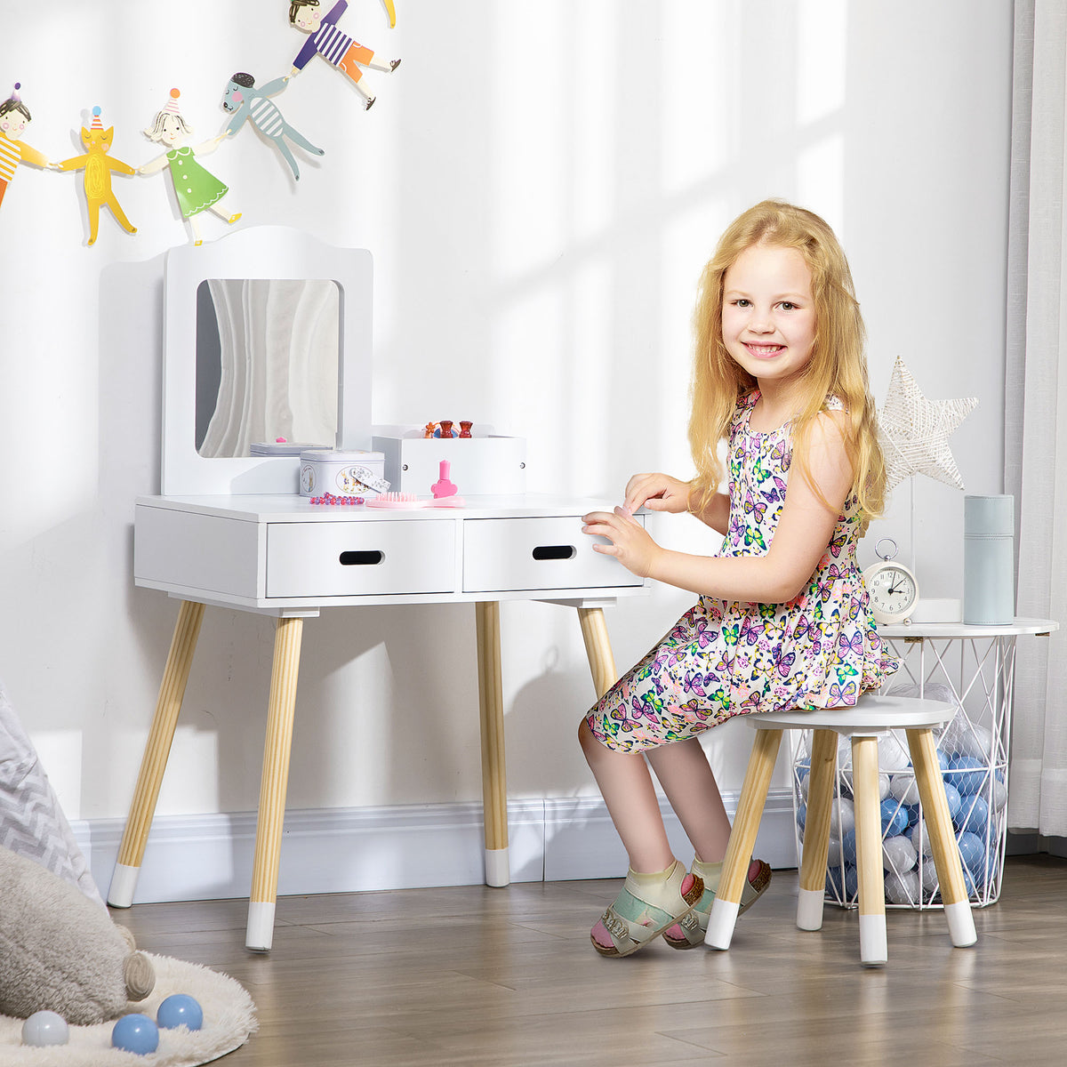 Coiffeuse enfant table de maquillage avec tabouret miroir et 2 tiroirs 3 à 6 ans 60 x 40 x 95 cm blanc et bois-1
