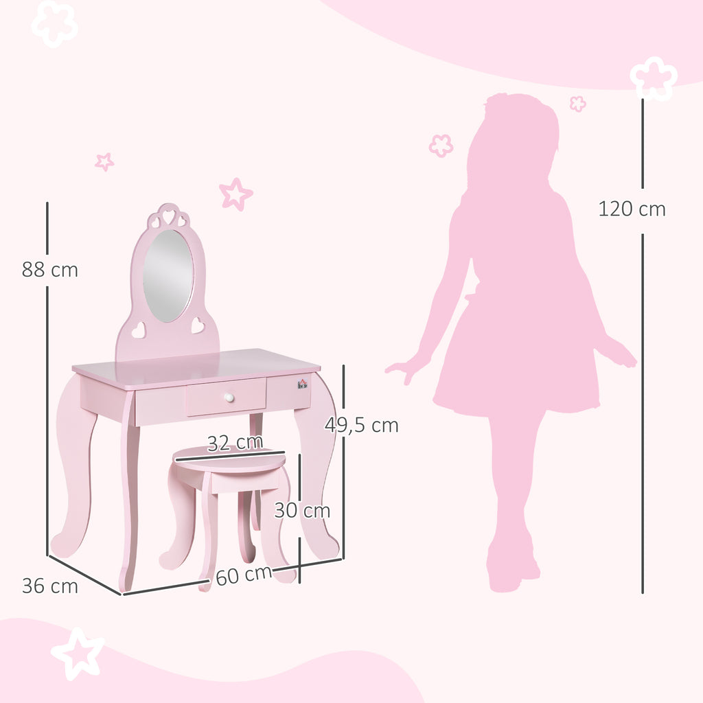 Coiffeuse Enfant Design Girly avec Motifs à Coeur - Tabouret Inclus - dim. 60L x 36l x 88H cm - tiroir, Miroir - MDF - Rose-2