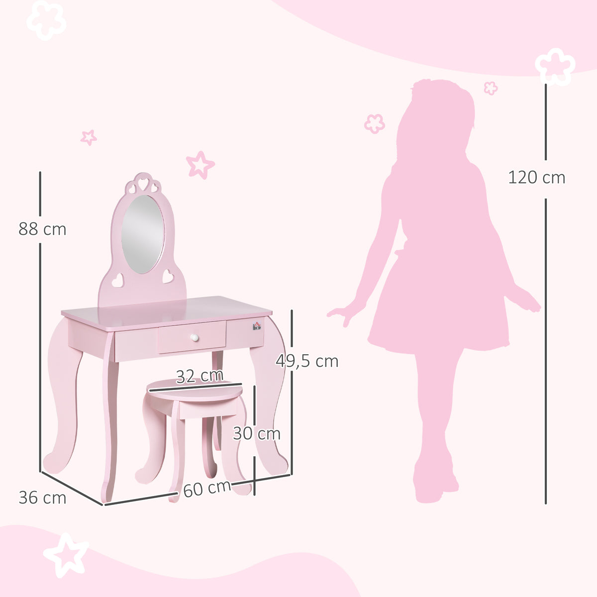 Coiffeuse Enfant Design Girly avec Motifs à Coeur - Tabouret Inclus - dim. 60L x 36l x 88H cm - tiroir, Miroir - MDF - Rose-2