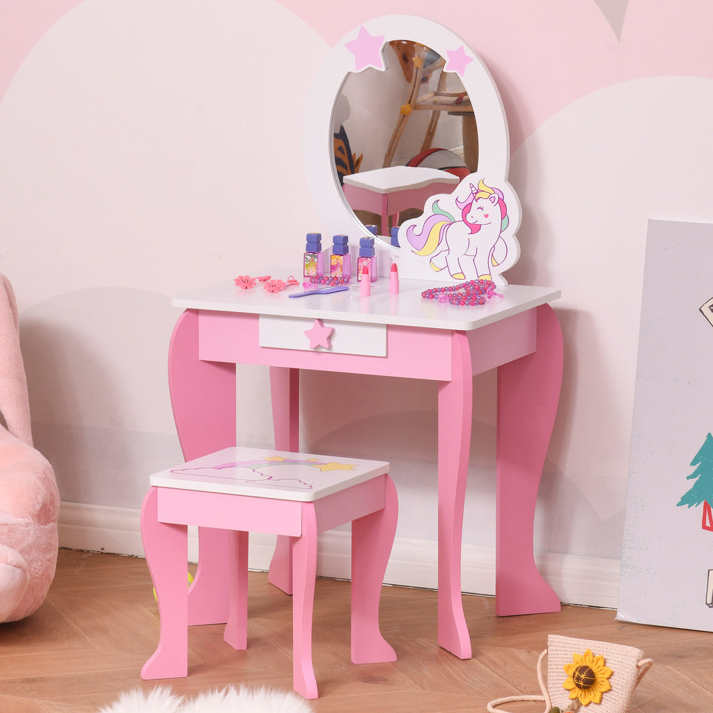 Coiffeuse Enfant Design Licorne - Tabouret Inclus - dim. 49L x 34l x 90H cm - tiroir, Miroir - MDF - Rose Blanc-1
