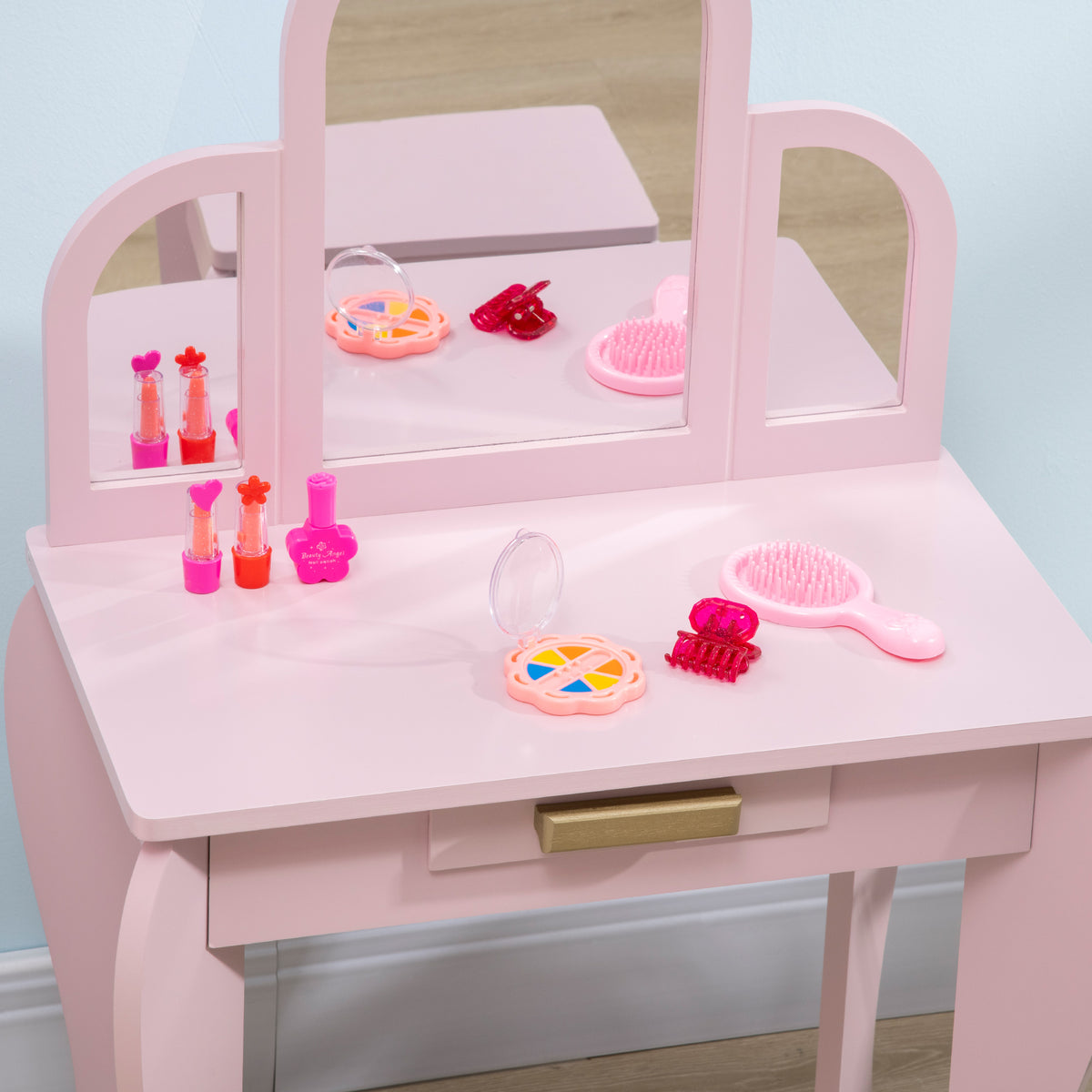 Coiffeuse pour enfant avec tabouret 3 miroirs et tiroir 3 à 6 ans 52 x 32 x 85 cm rose-7