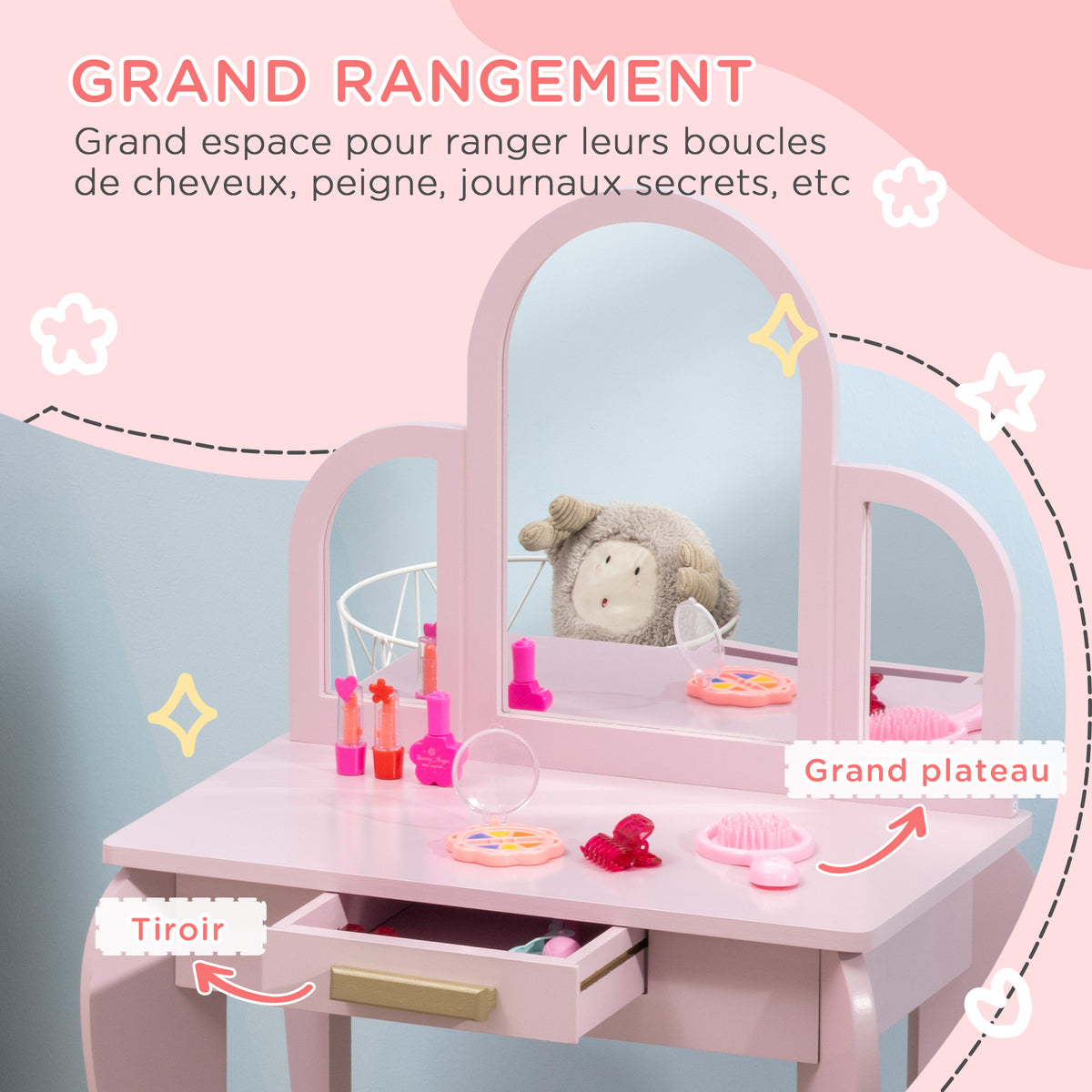Coiffeuse pour enfant avec tabouret 3 miroirs et tiroir 3 à 6 ans 52 x 32 x 85 cm rose-4