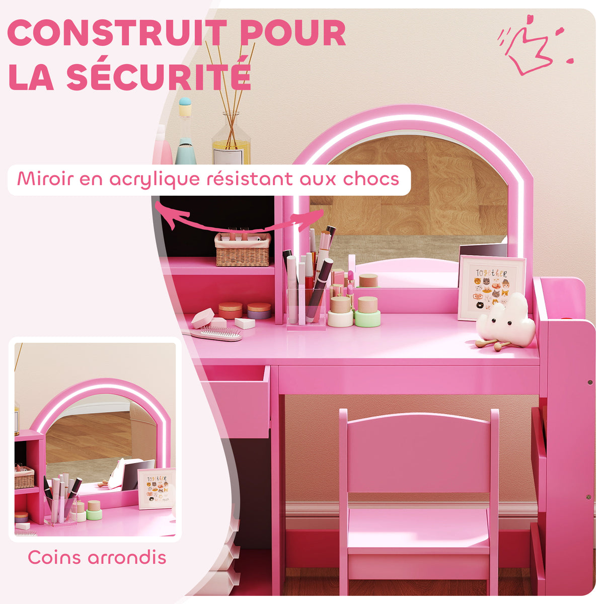 Coiffeuse pour enfants avec tabouret et miroir LED, table de maquillage pour 3 à 8 ans, 88,6 x 38,8 x 96,9 cm, rose-6