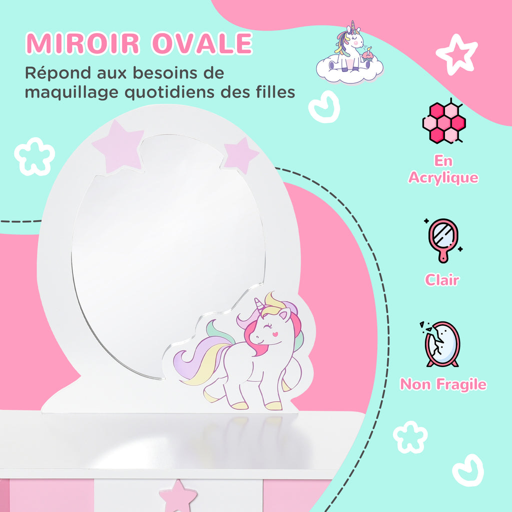 Coiffeuse Enfant Design Licorne - Tabouret Inclus - dim. 49L x 34l x 90H cm - tiroir, Miroir - MDF - Rose Blanc-5