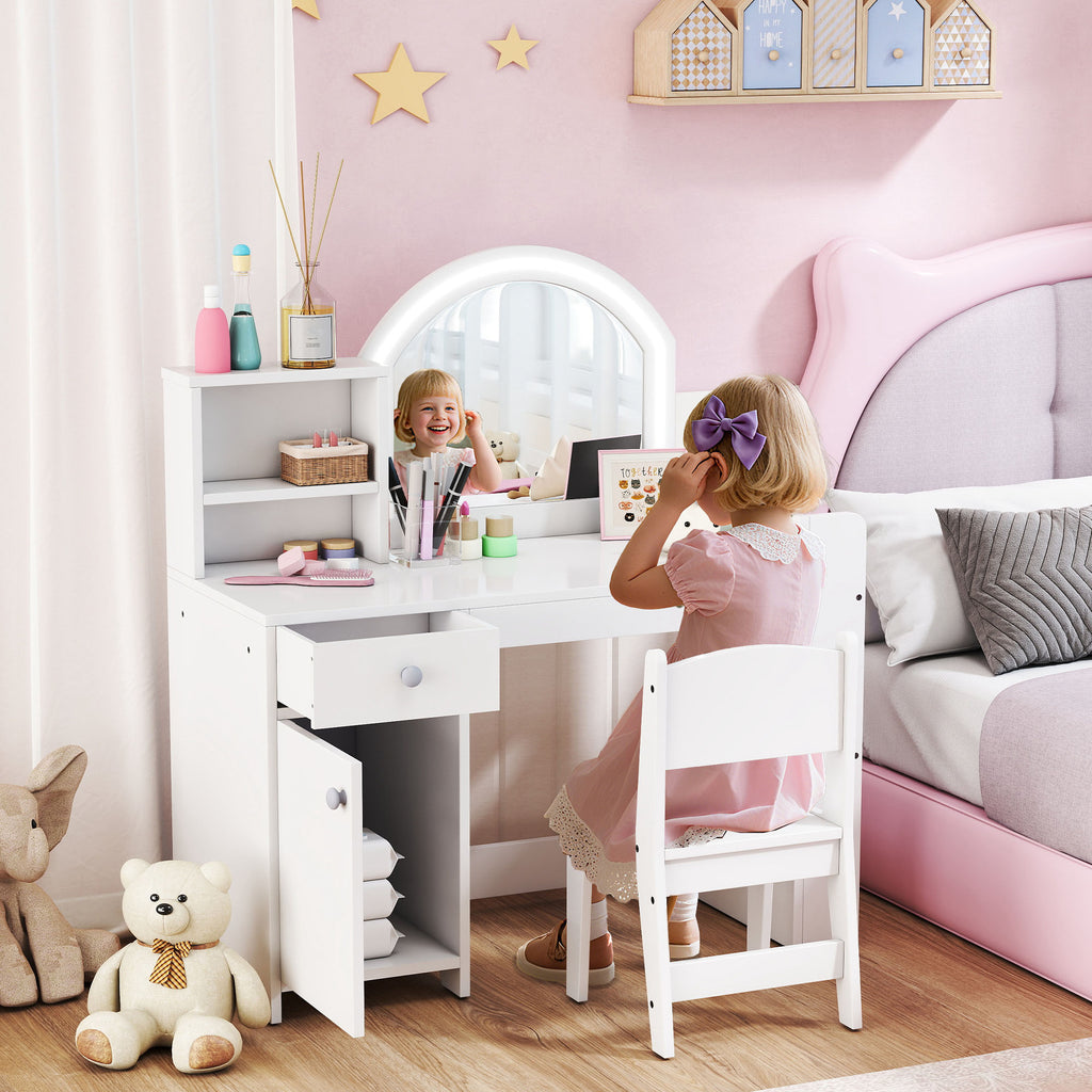 Coiffeuse pour enfants avec tabouret et miroir LED, table de maquillage pour 3 à 8 ans, 88,6 x 38,8 x 96,9 cm, blanc-1