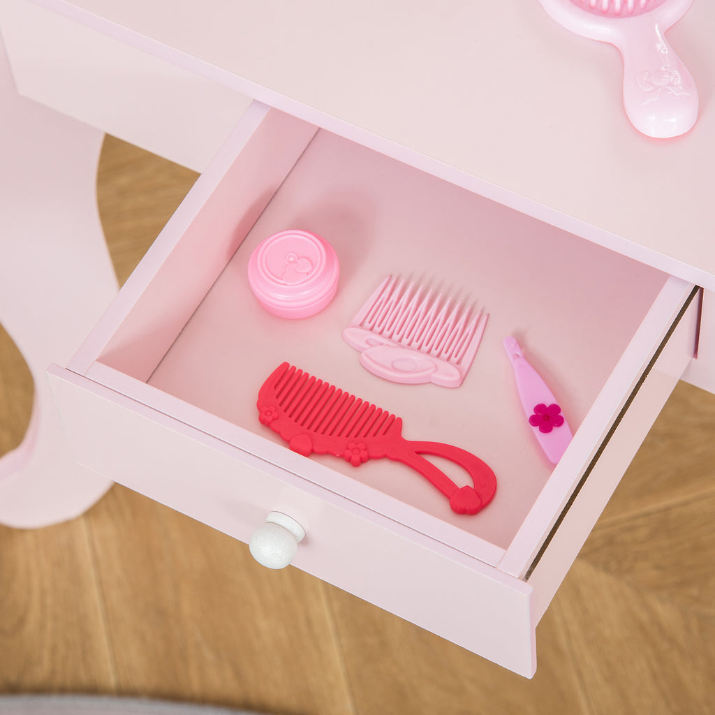 Coiffeuse Enfant Design Girly avec Motifs à Coeur - Tabouret Inclus - dim. 60L x 36l x 88H cm - tiroir, Miroir - MDF - Rose-7
