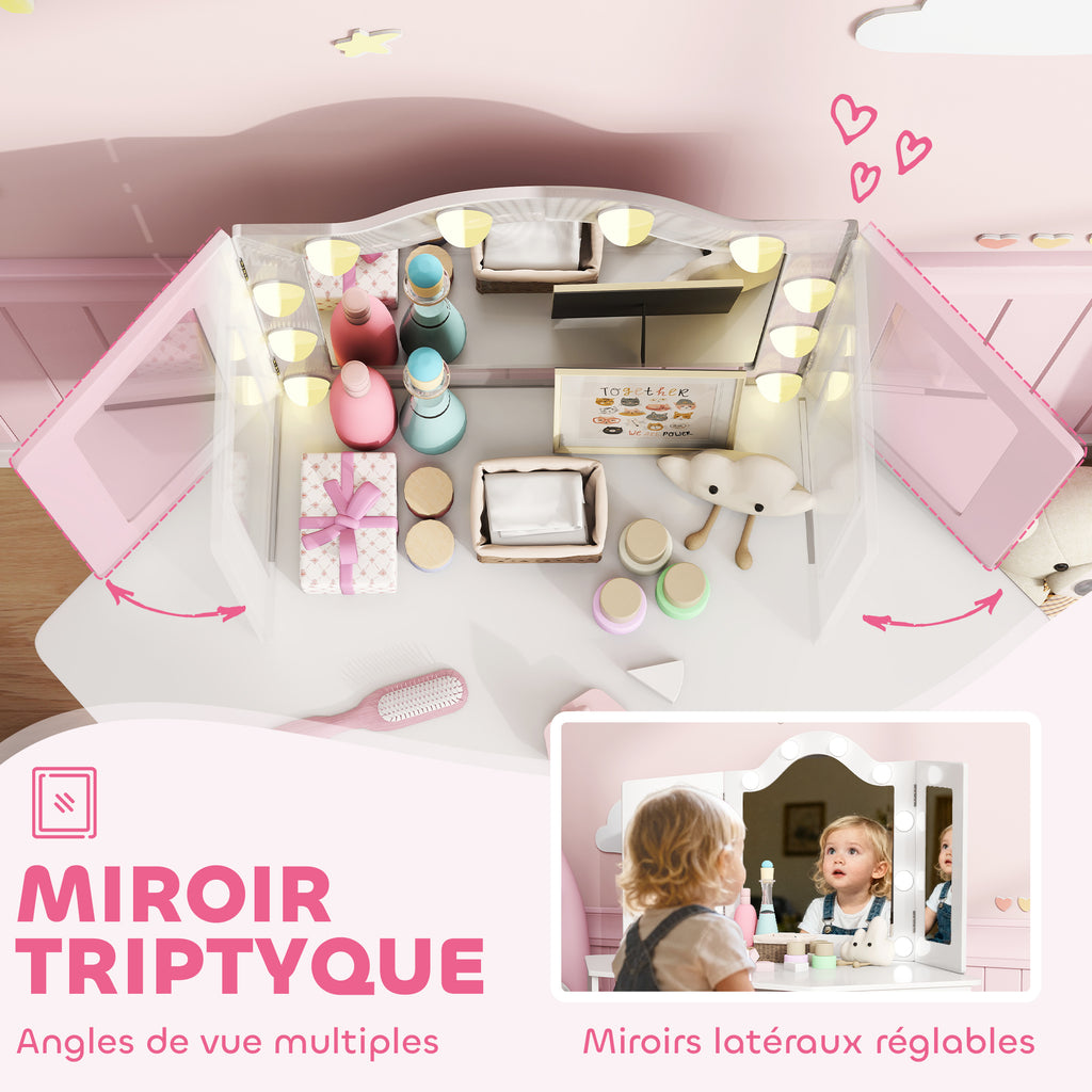 Coiffeuse enfant 2 en 1 avec tabouret miroir triptyque et lumières LED bicolores  93,6 x 48,5 x 111,5 cm blanc-5