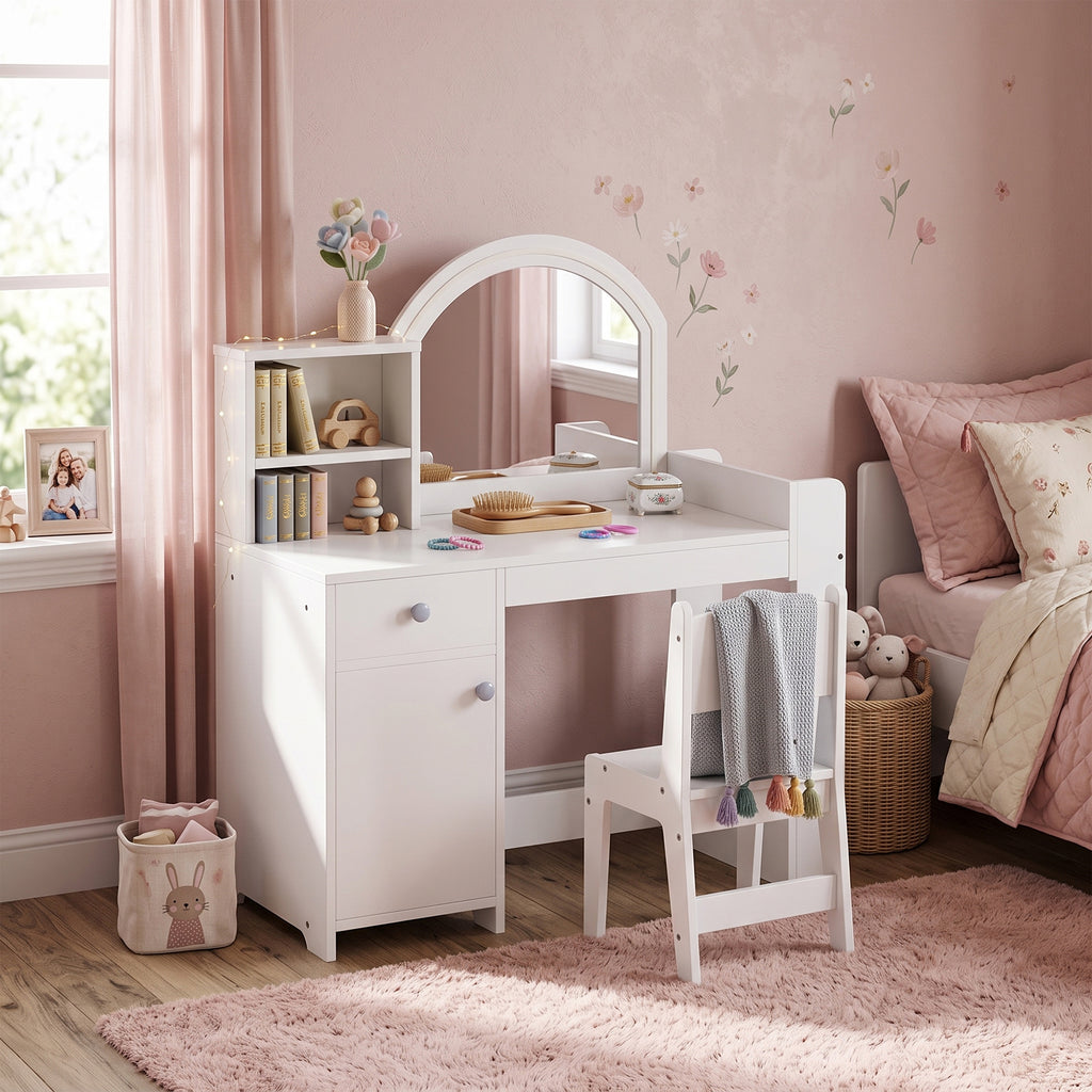 Coiffeuse pour enfants avec tabouret et miroir LED, table de maquillage pour 3 à 8 ans, 88,6 x 38,8 x 96,9 cm, blanc-9