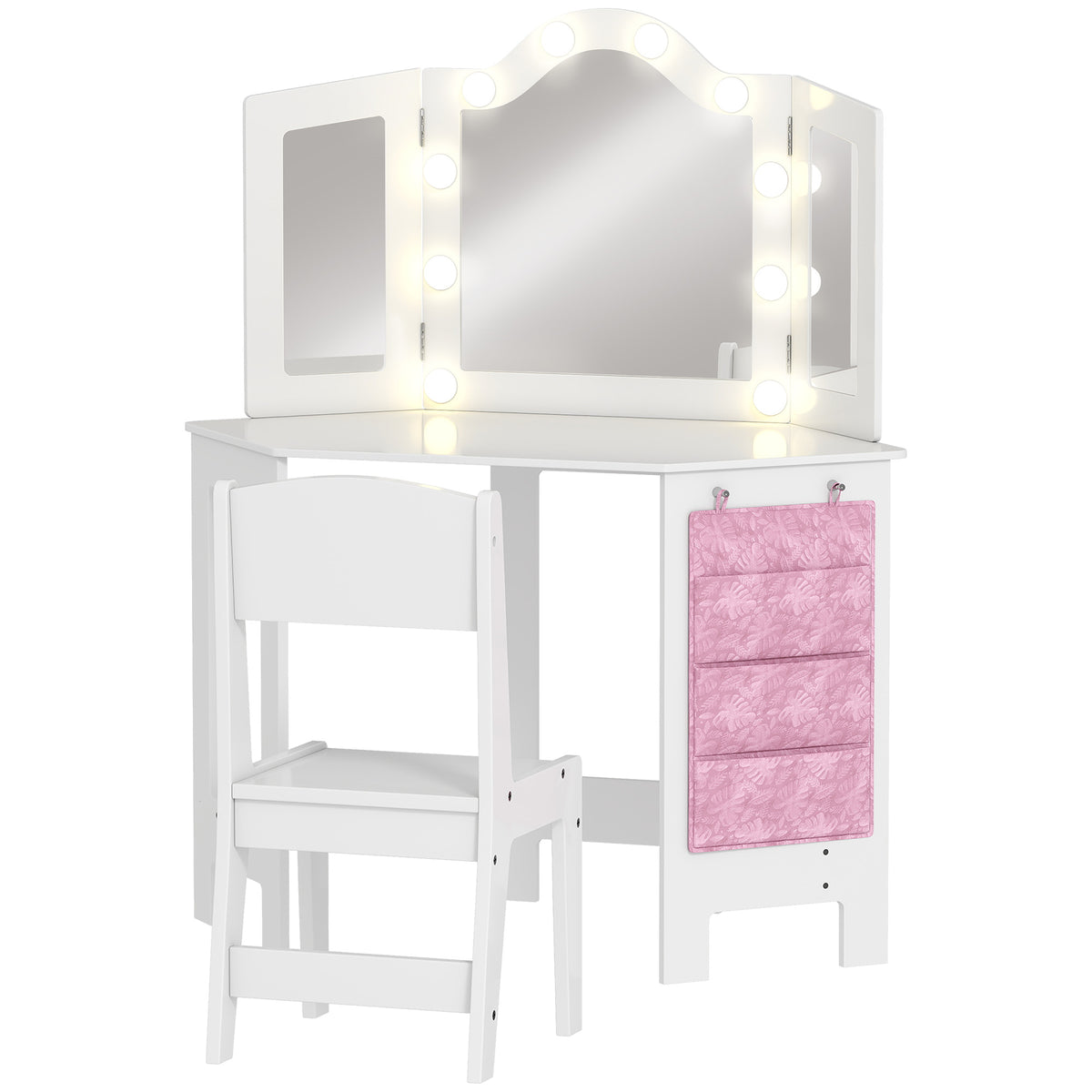 Coiffeuse enfant 2 en 1 avec tabouret miroir triptyque et lumières LED bicolores  93,6 x 48,5 x 111,5 cm blanc-0