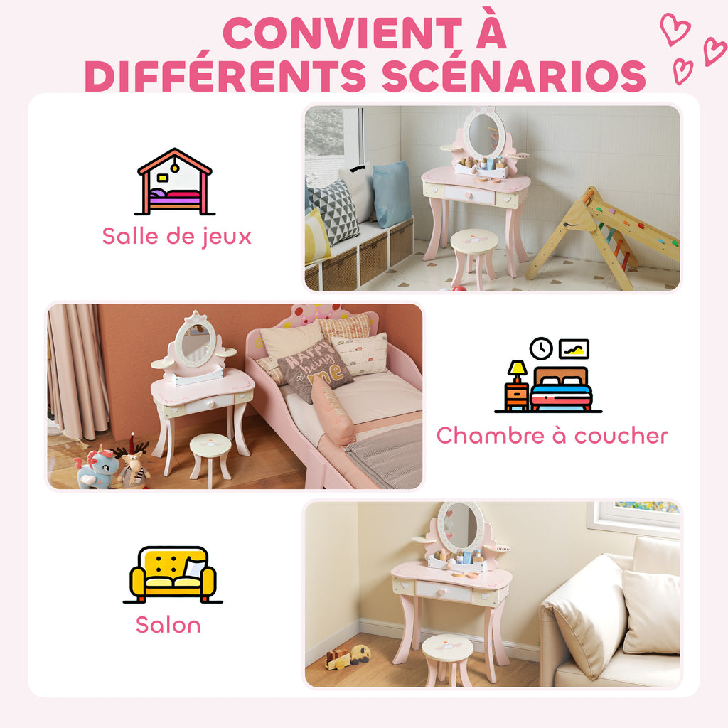 Coiffeuse enfant fille table de maquillage 2 en 1 avec 7 accessoires de jeu miroir en acrylique 59,8x29,6x89,8cm rose-8