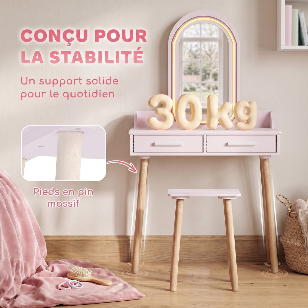 Coiffeuse Enfant en Bois avec Miroir LED 3 Couleurs, Tabouret, Tiroir et Plateau Spacieux, 60x36x100cm, 3 à 8 Ans, Rose-6