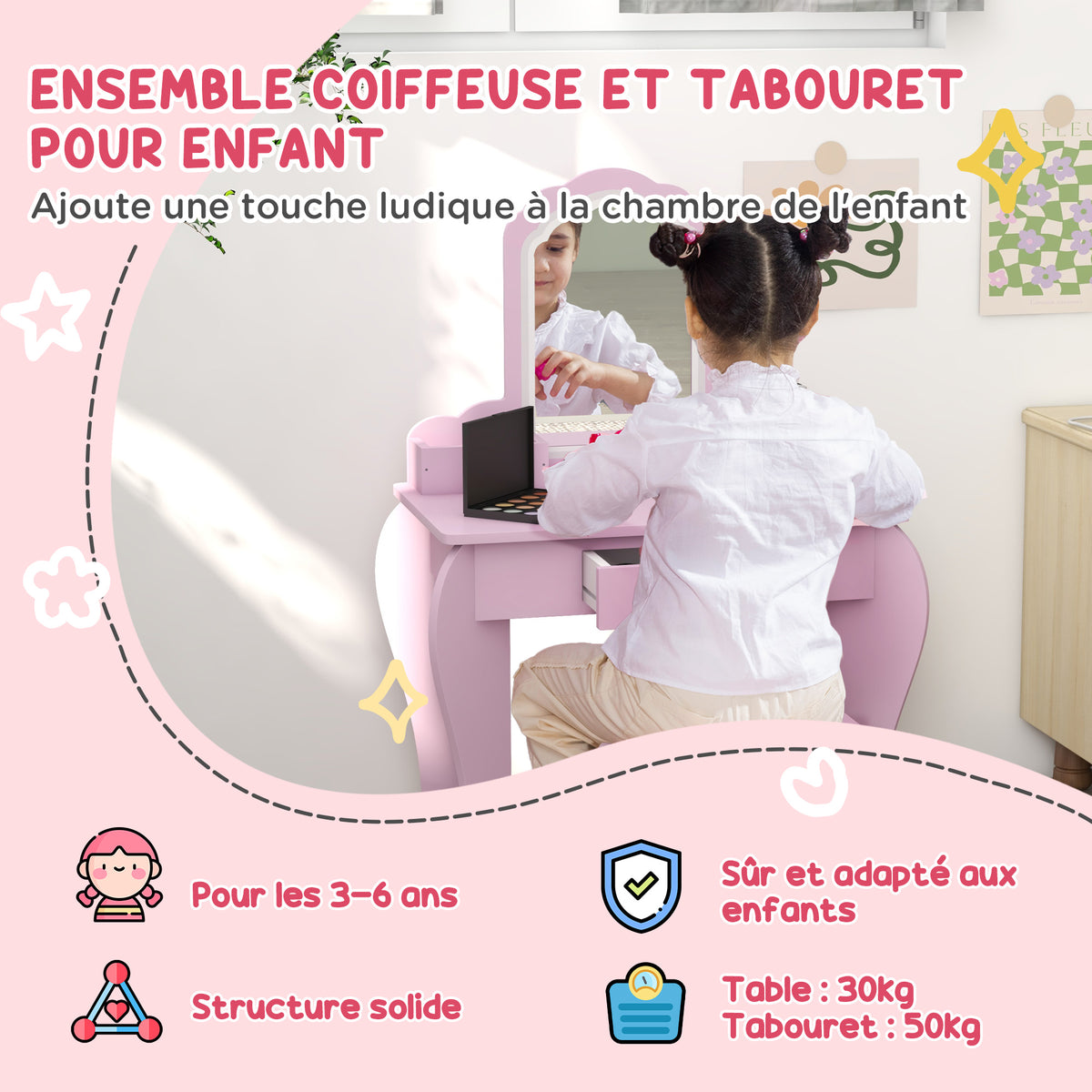 Coiffeuse pour enfant avec tabouret et miroir, table de maquillage avec tiroir et 2 compartiments, 55x36x86cm, rose-3