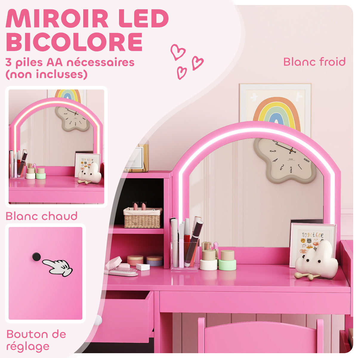 Coiffeuse pour enfants avec tabouret et miroir LED, table de maquillage pour 3 à 8 ans, 88,6 x 38,8 x 96,9 cm, rose-4