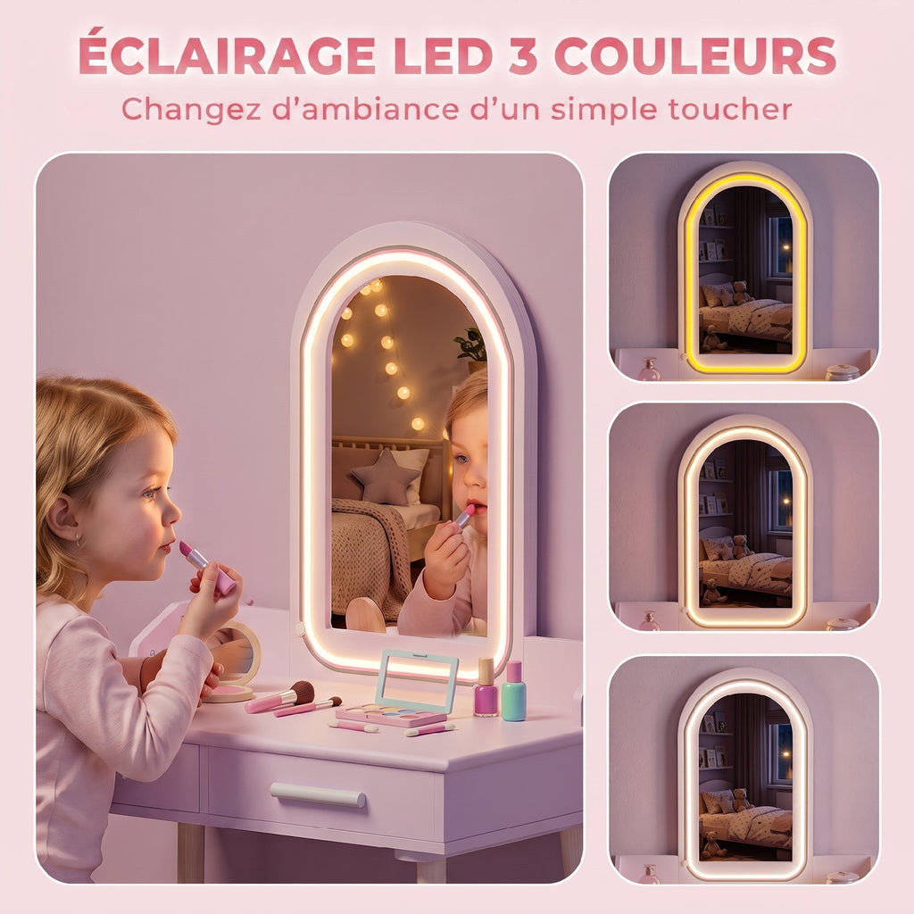 Coiffeuse Enfant en Bois avec Miroir LED 3 Couleurs, Tabouret, Tiroir et Plateau Spacieux, 60x36x100cm, 3 à 8 Ans, Rose-3