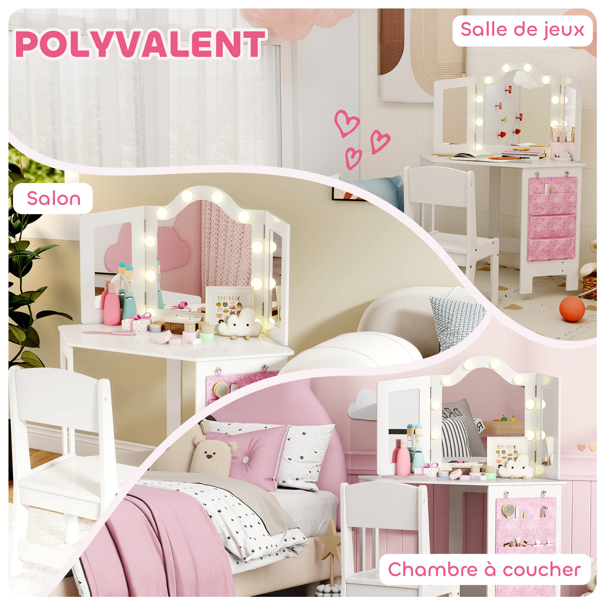 Coiffeuse enfant 2 en 1 avec tabouret miroir triptyque et lumières LED bicolores  93,6 x 48,5 x 111,5 cm blanc-7