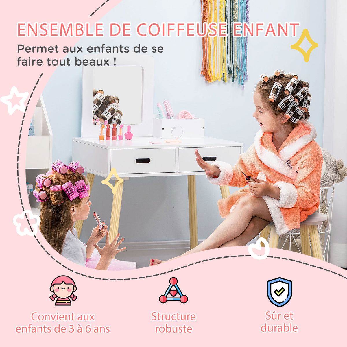 Coiffeuse enfant table de maquillage avec tabouret miroir et 2 tiroirs 3 à 6 ans 60 x 40 x 95 cm blanc et bois-3