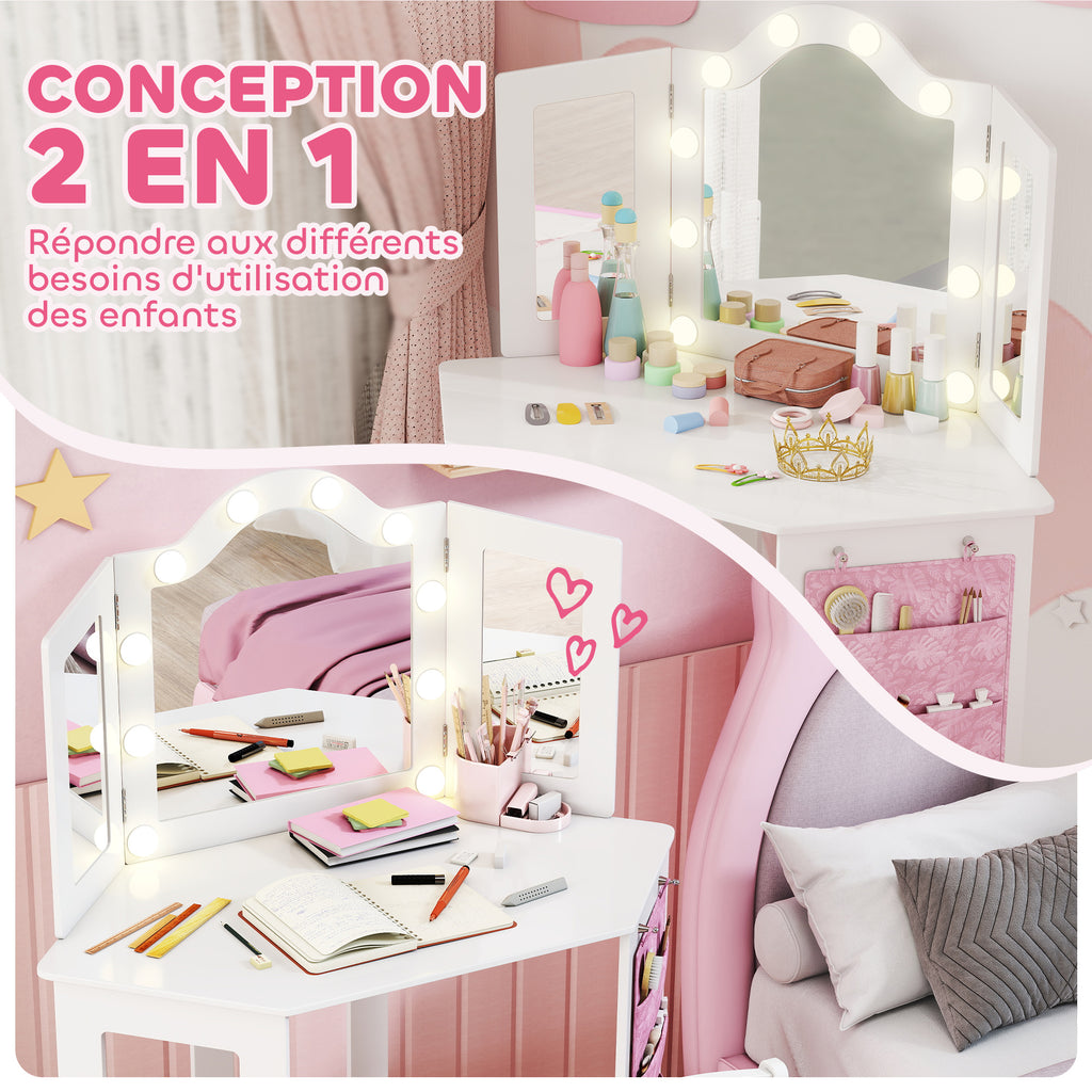 Coiffeuse enfant 2 en 1 avec tabouret miroir triptyque et lumières LED bicolores  93,6 x 48,5 x 111,5 cm blanc-3