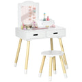 Coiffeuse enfant table de maquillage avec tabouret miroir et 2 tiroirs 3 à 6 ans 60 x 40 x 95 cm blanc et bois-0