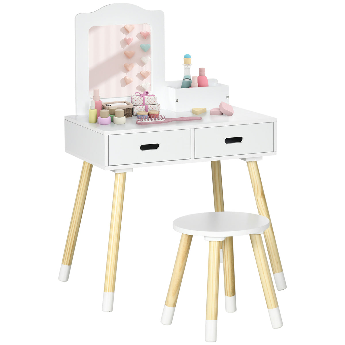Coiffeuse enfant table de maquillage avec tabouret miroir et 2 tiroirs 3 à 6 ans 60 x 40 x 95 cm blanc et bois-0