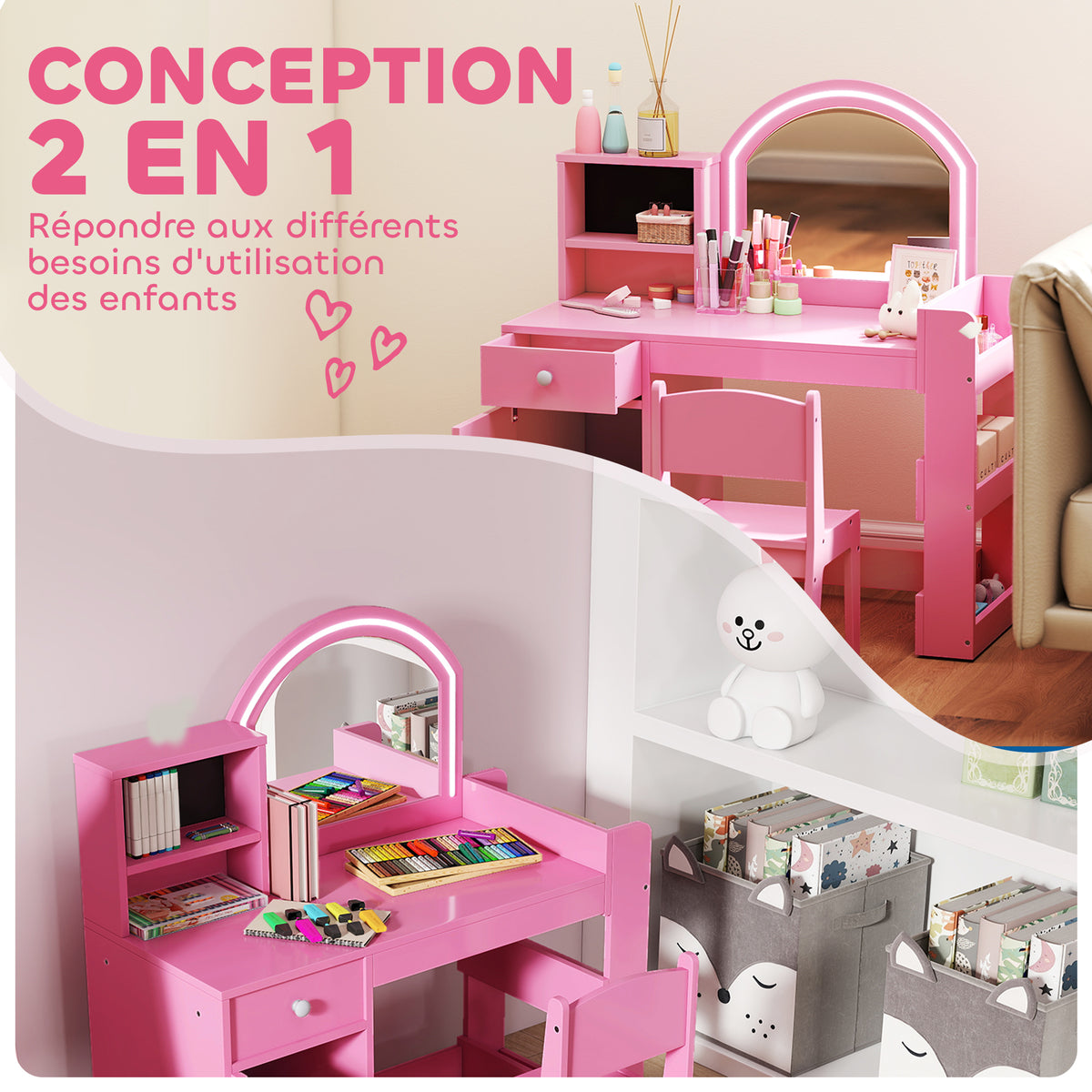 Coiffeuse pour enfants avec tabouret et miroir LED, table de maquillage pour 3 à 8 ans, 88,6 x 38,8 x 96,9 cm, rose-3