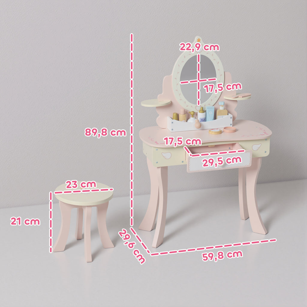 Coiffeuse enfant fille table de maquillage 2 en 1 avec 7 accessoires de jeu miroir en acrylique 59,8x29,6x89,8cm rose-2