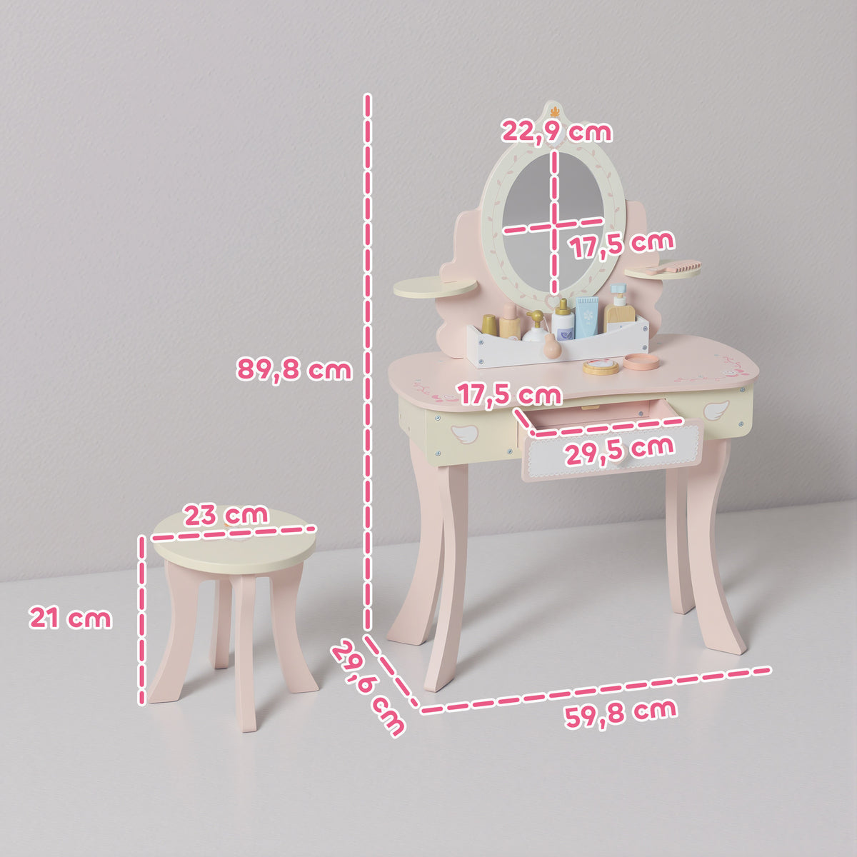 Coiffeuse enfant fille table de maquillage 2 en 1 avec 7 accessoires de jeu miroir en acrylique 59,8x29,6x89,8cm rose-2