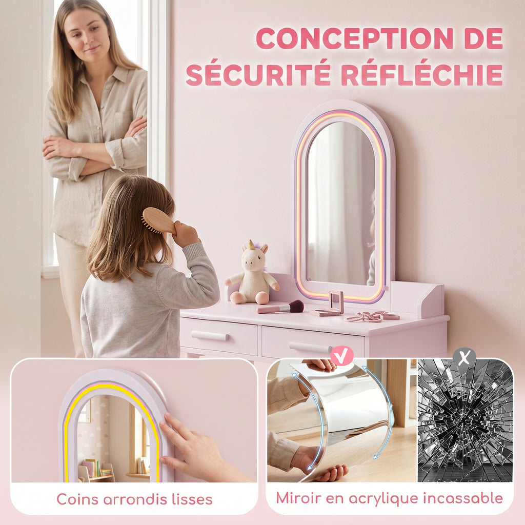 Coiffeuse Enfant en Bois avec Miroir LED 3 Couleurs, Tabouret, Tiroir et Plateau Spacieux, 60x36x100cm, 3 à 8 Ans, Rose-5