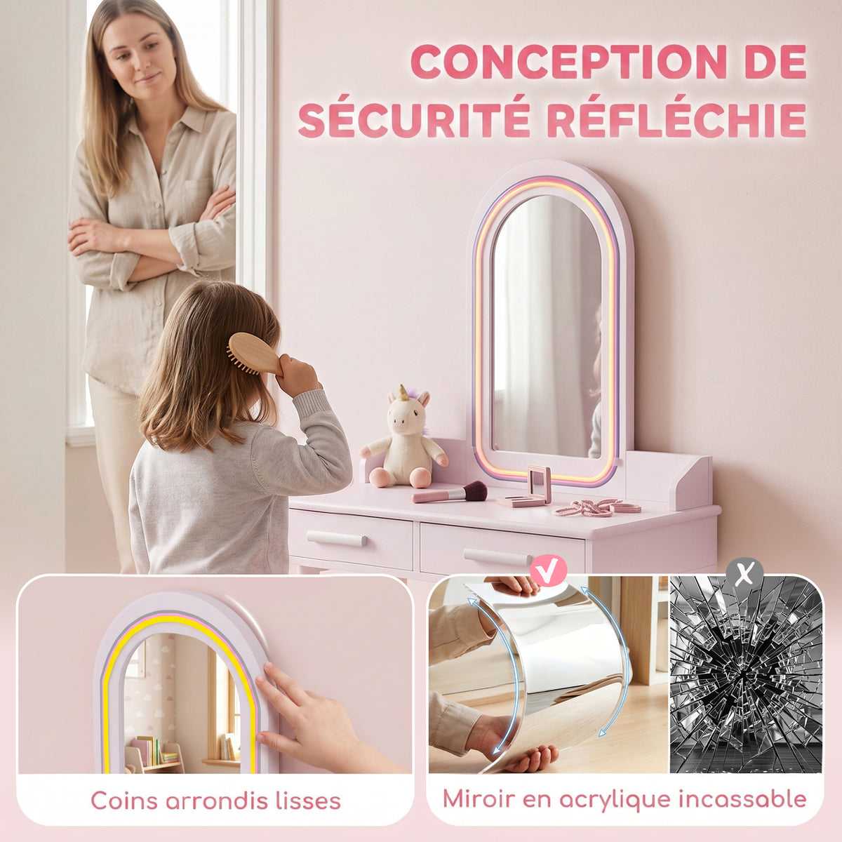 Coiffeuse Enfant en Bois avec Miroir LED 3 Couleurs, Tabouret, Tiroir et Plateau Spacieux, 60x36x100cm, 3 à 8 Ans, Rose-5