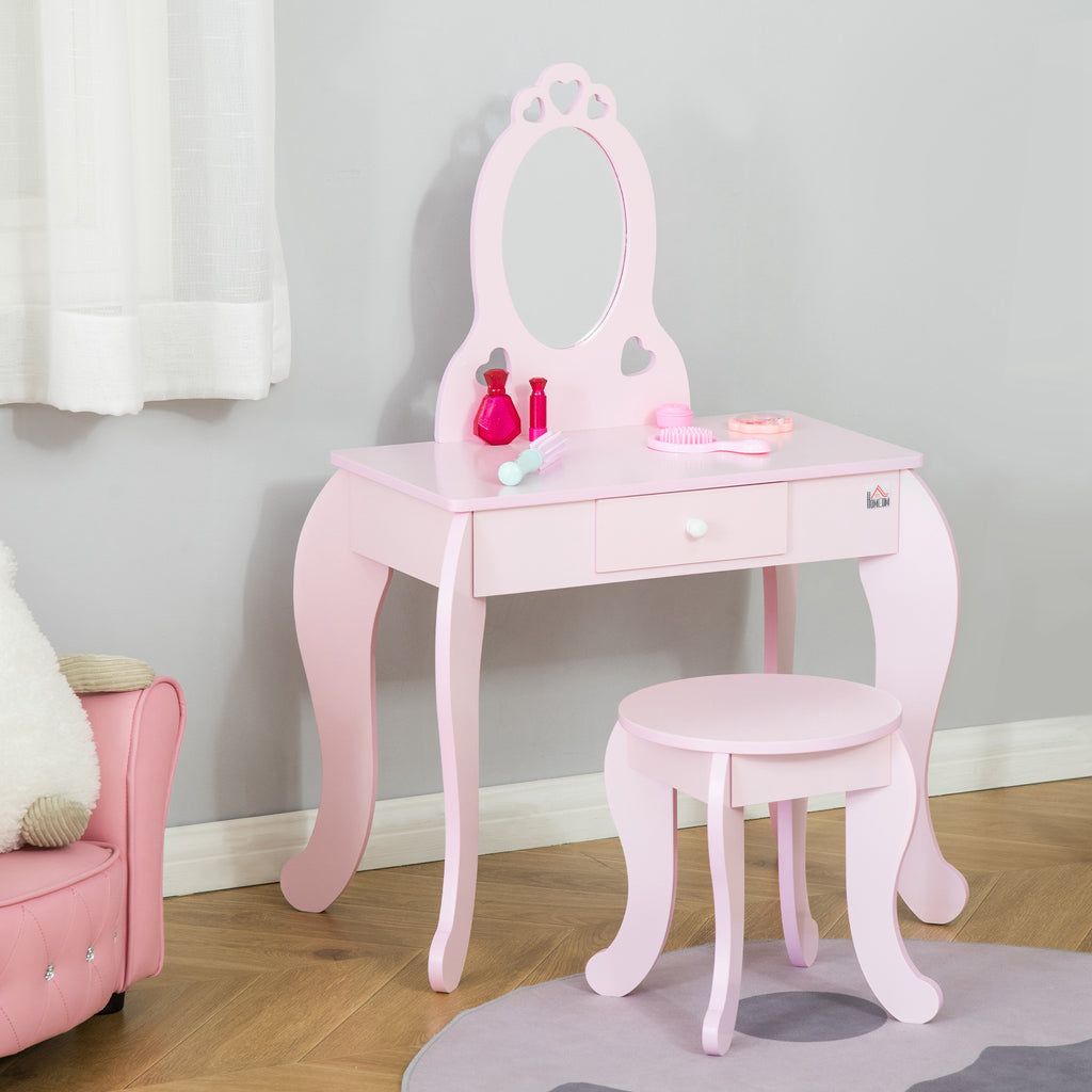Coiffeuse Enfant Design Girly avec Motifs à Coeur - Tabouret Inclus - dim. 60L x 36l x 88H cm - tiroir, Miroir - MDF - Rose-9