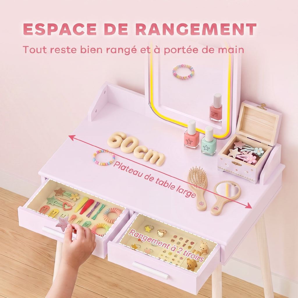 Coiffeuse Enfant en Bois avec Miroir LED 3 Couleurs, Tabouret, Tiroir et Plateau Spacieux, 60x36x100cm, 3 à 8 Ans, Rose-4