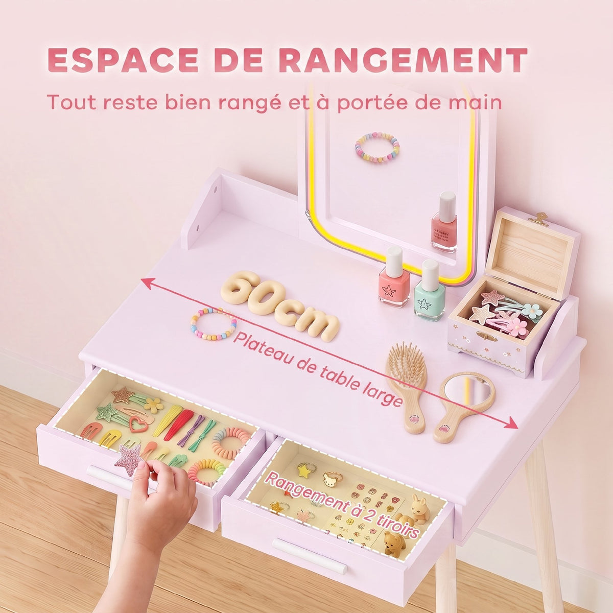 Coiffeuse Enfant en Bois avec Miroir LED 3 Couleurs, Tabouret, Tiroir et Plateau Spacieux, 60x36x100cm, 3 à 8 Ans, Rose-4