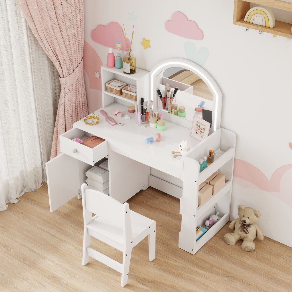 Coiffeuse pour enfants avec tabouret et miroir LED, table de maquillage pour 3 à 8 ans, 88,6 x 38,8 x 96,9 cm, blanc-8