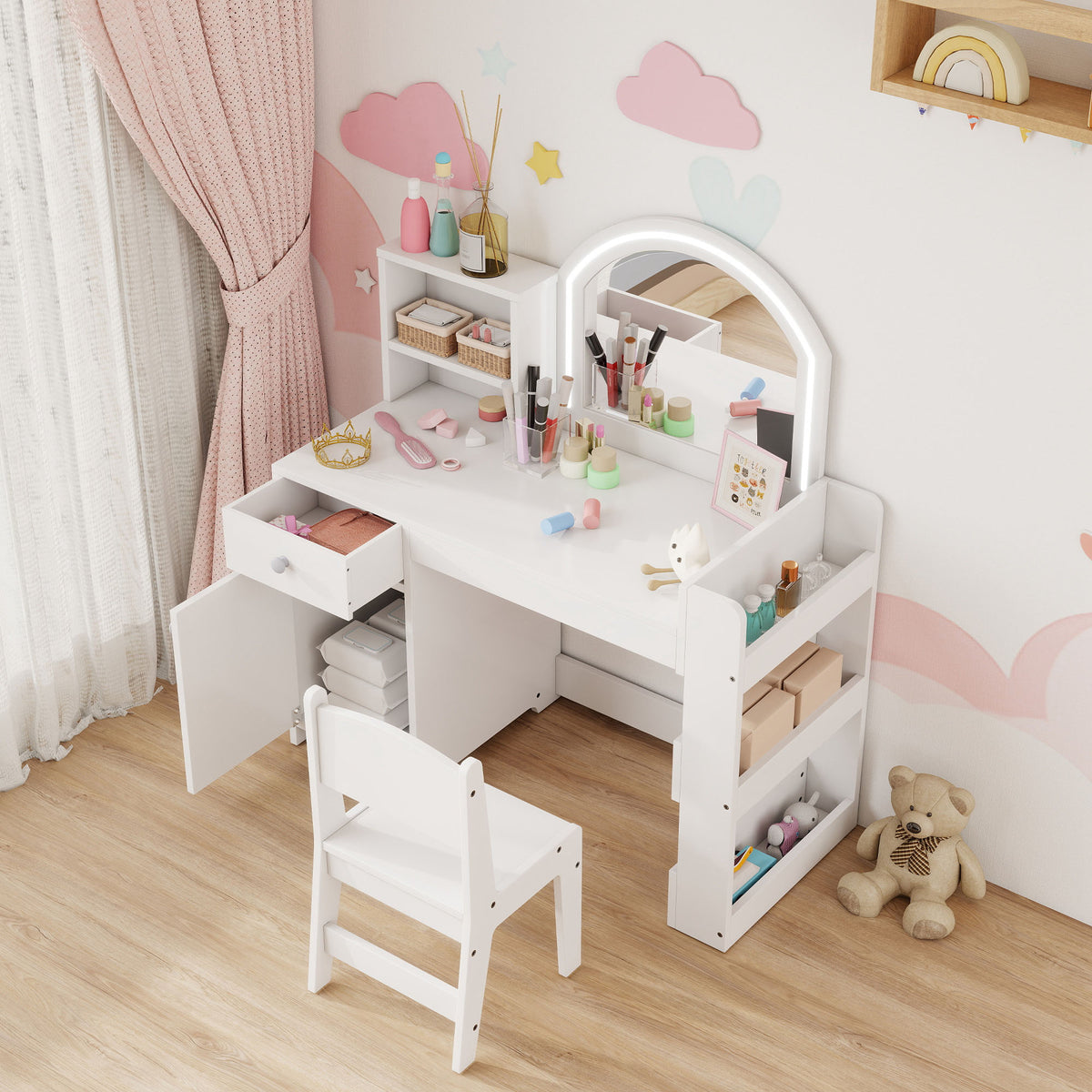 Coiffeuse pour enfants avec tabouret et miroir LED, table de maquillage pour 3 à 8 ans, 88,6 x 38,8 x 96,9 cm, blanc-8