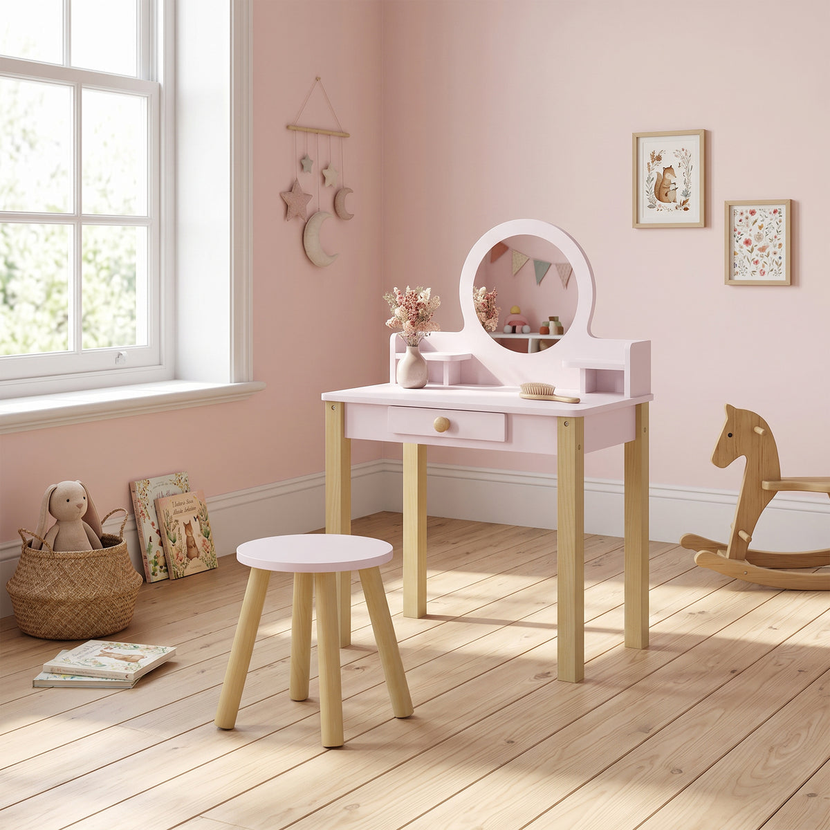 Coiffeuse enfant en bois avec miroir et tabouret, table de maquillage enfant avec tiroir et étagère, 3 à 6 ans, rose-8