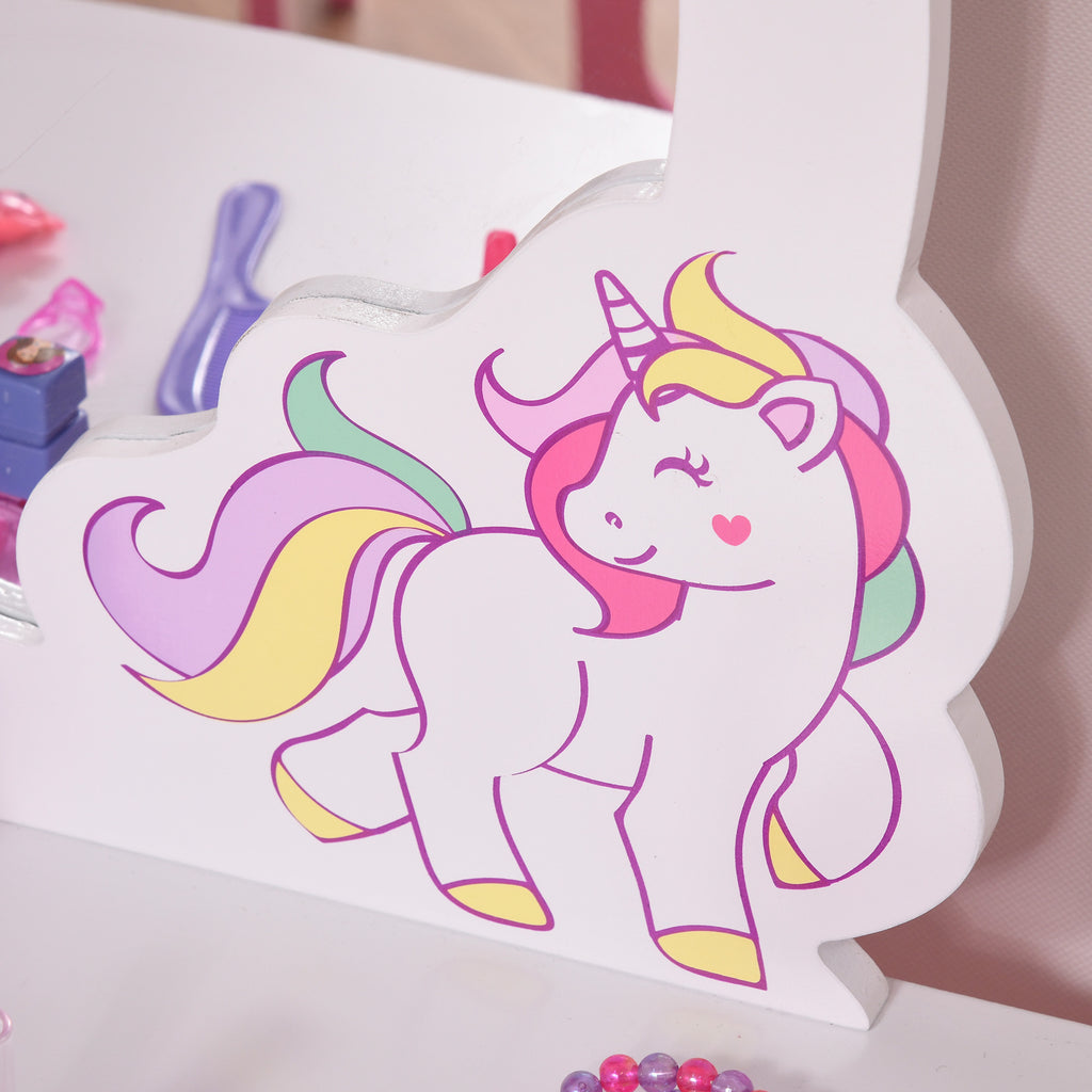 Coiffeuse Enfant Design Licorne - Tabouret Inclus - dim. 49L x 34l x 90H cm - tiroir, Miroir - MDF - Rose Blanc-7