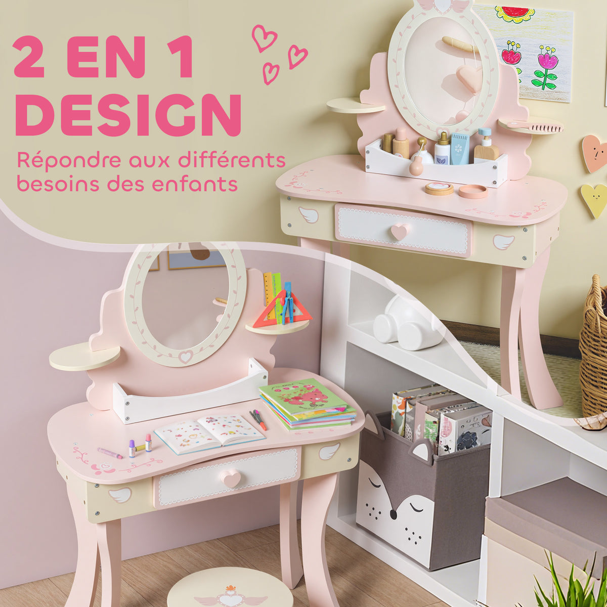 Coiffeuse enfant fille table de maquillage 2 en 1 avec 7 accessoires de jeu miroir en acrylique 59,8x29,6x89,8cm rose-3